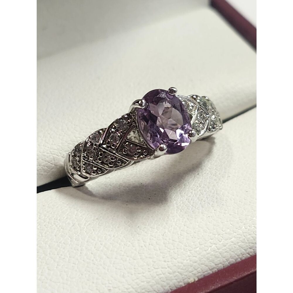 Silver Plated Amethyst Ring with Pavé Accents - Purple Size 6